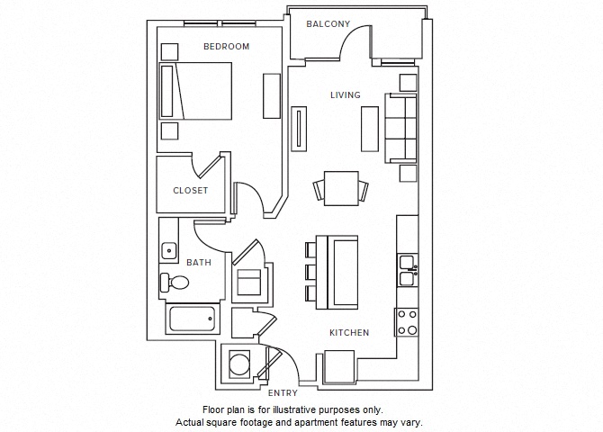 Floor plan for 1 bed, 1 bath, 764 sqft
